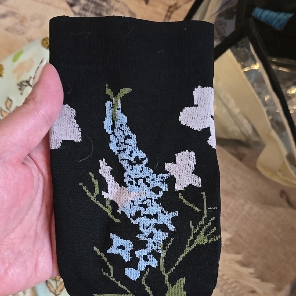 Knee High Compession Socks Floral Patterned  - Blue and Black - Picture 5 of 8